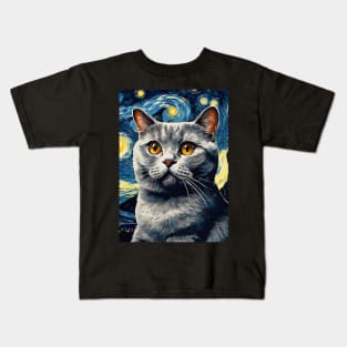 Adorable British Shorthair Cat Breed Painting in a Van Gogh Starry Night Art Style Kids T-Shirt